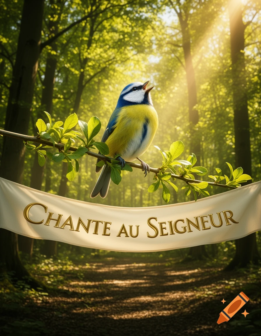 A photorealistic blue tit sings on a branch in a sun-dappled forest, with a banner below reading 'Chante au Seigneur'.