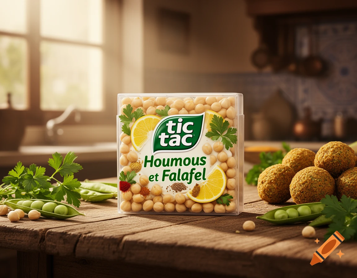 A Tic Tac box with hummus and falafel flavors, surrounded by chickpeas, falafels, and parsley on a wooden table in a kitchen.
