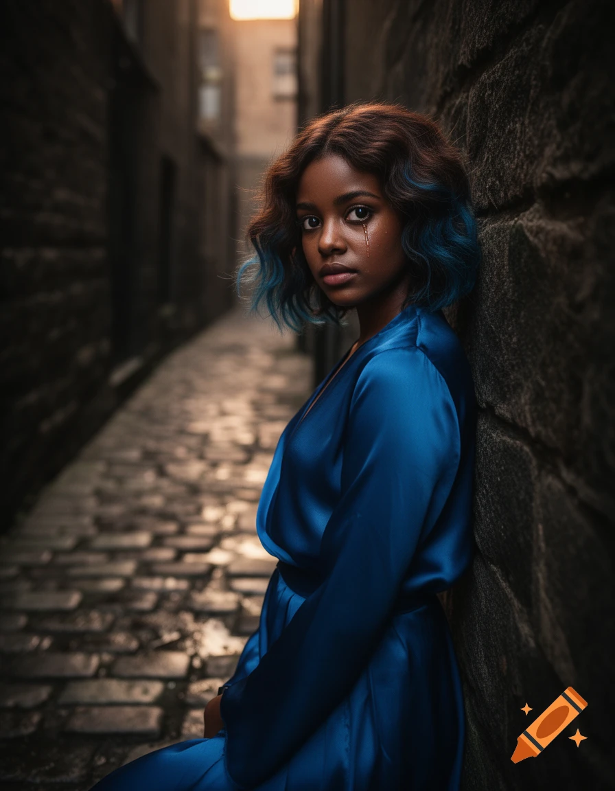 A melancholic young woman with dark skin, dark wavy hair with blue streaks, and a blue silk dress leans against a stone wall in a dim, cobblestone alley, a tear mark on her cheek.