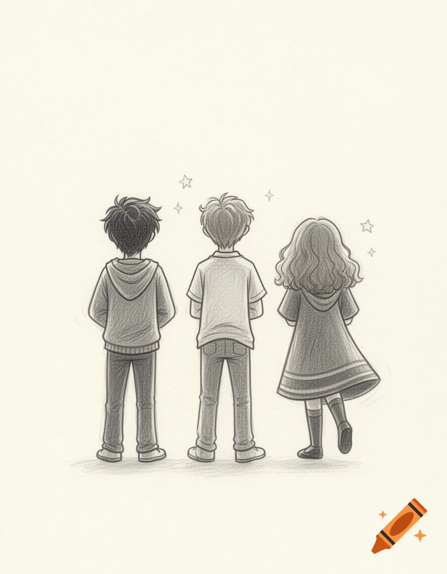 Pencil sketch of three children, two boys and one girl, viewed from behind, with small stars around their heads.