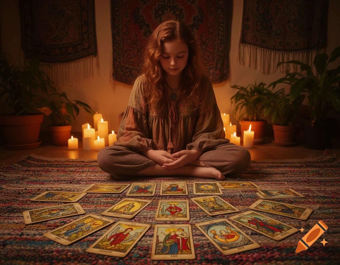 A young girl with red hair sits cross-legged on a patterned rug, surrounded by lit candles and plants, with tarot cards spread before her.