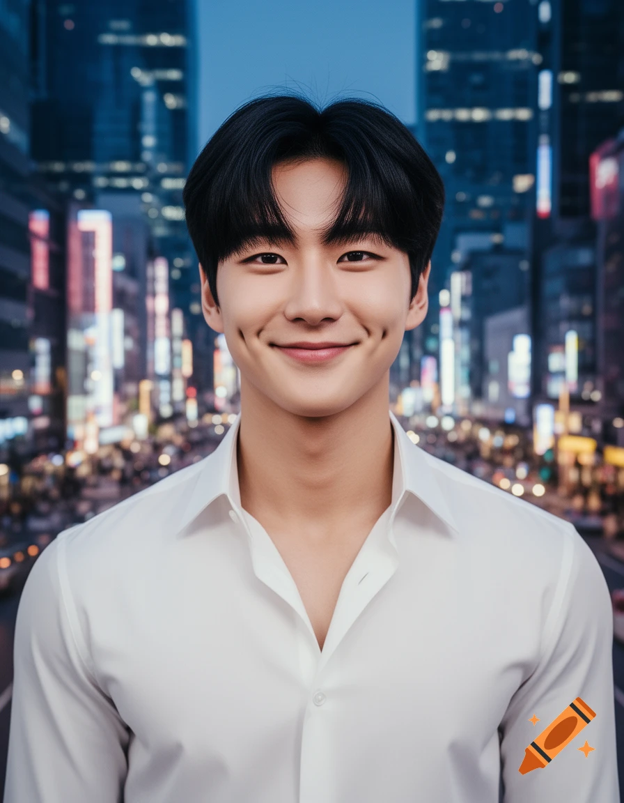 A photorealistic portrait of a smiling Korean man with dimples wearing a white shirt, against a blurred city night background.