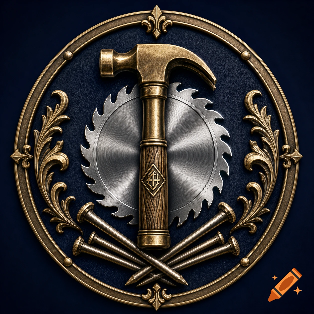 A golden hammer, silver circular saw blade, and nails arranged in an ornate gold emblem on a dark blue background.