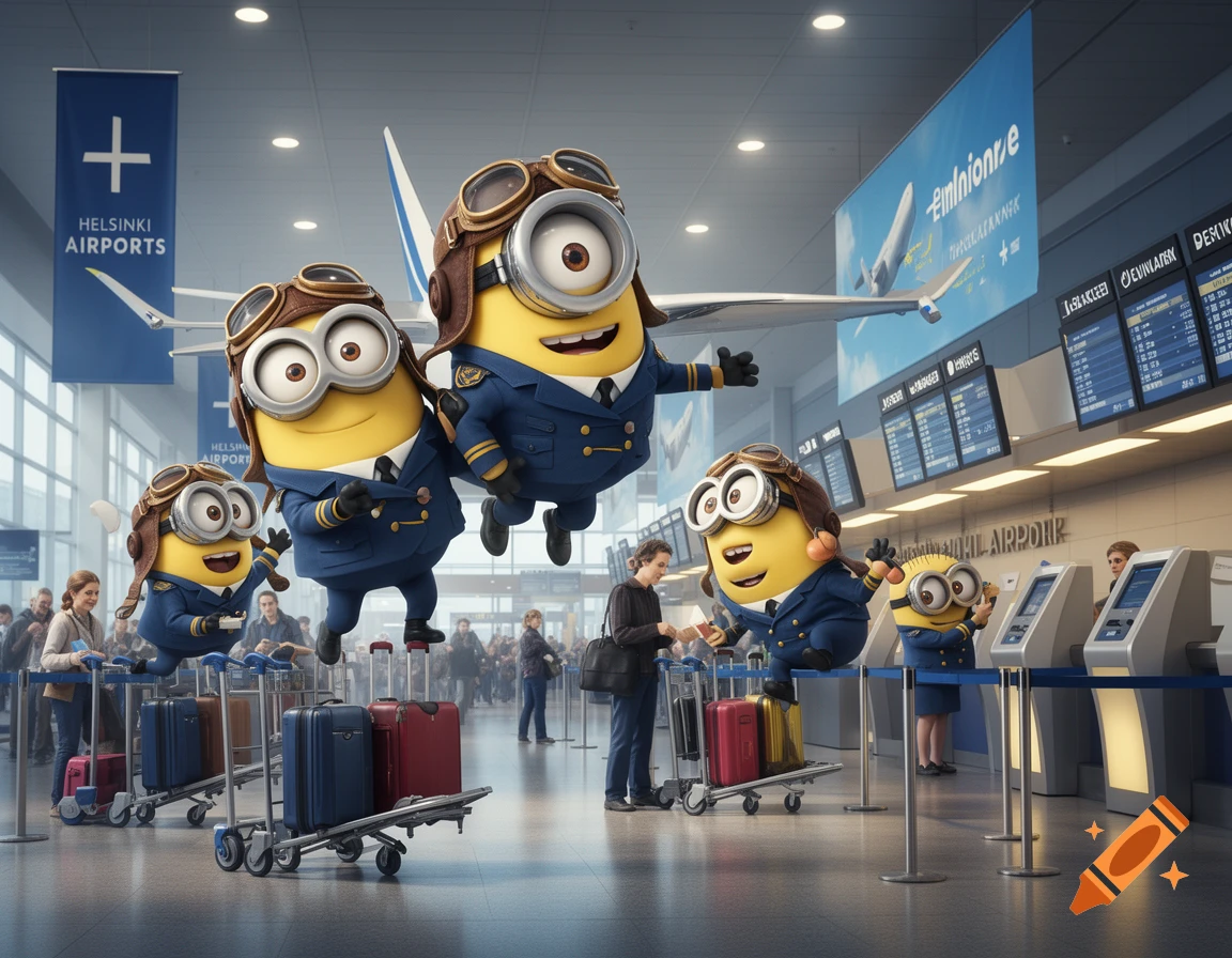 Minions dressed as aviator staff pose with luggage carts in a busy airport terminal.