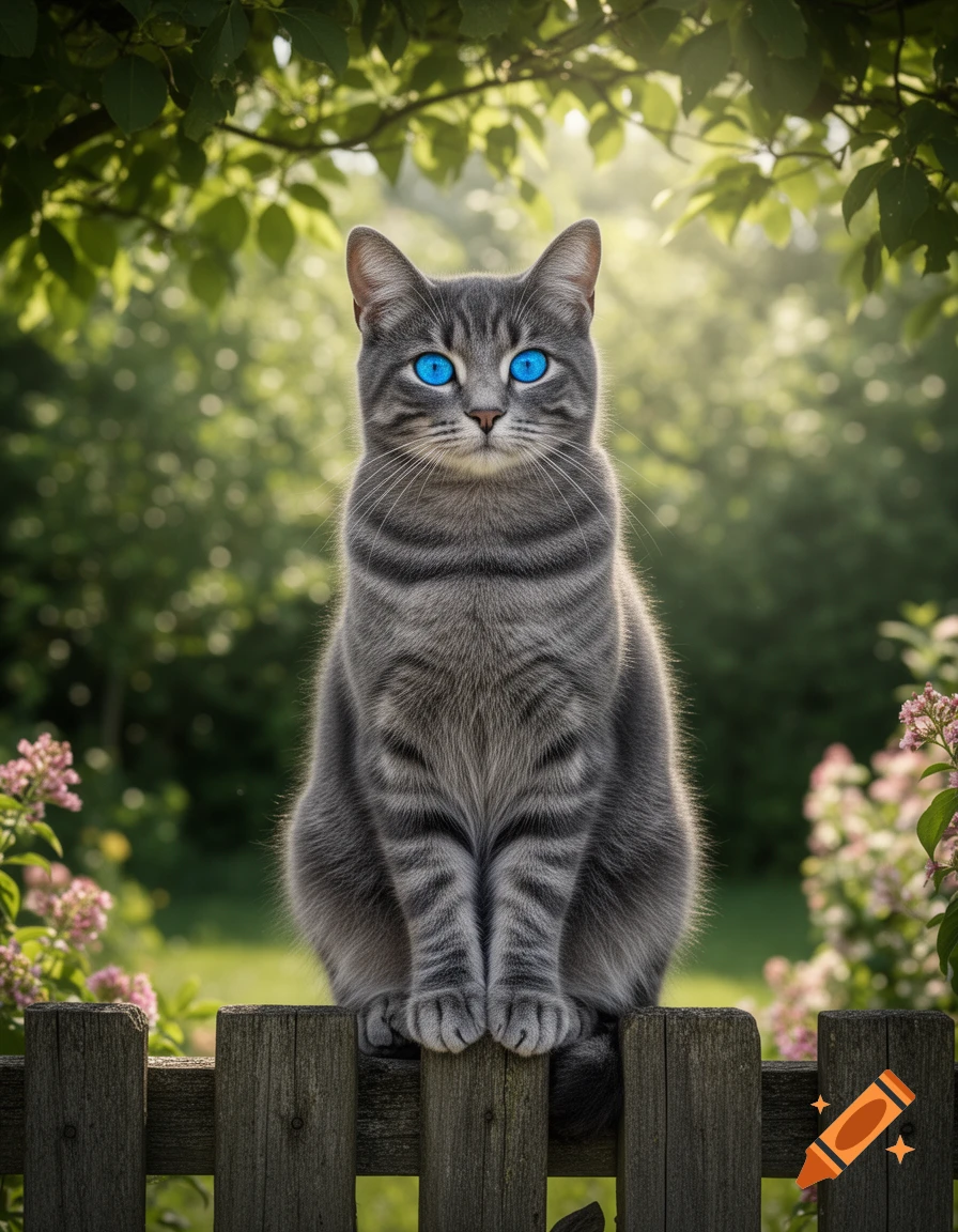A photorealistic gray tabby cat with bright blue eyes sits on a wooden fence in a sunny garden.