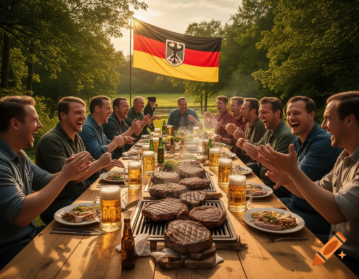 Men laugh and clap at an outdoor barbecue with grilled steaks, beer mugs, and a German flag flying overhead.