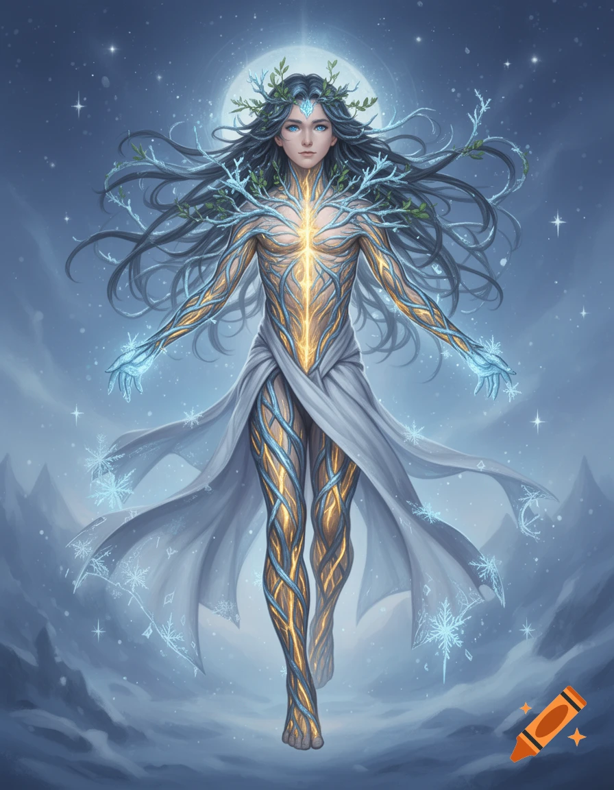An ethereal fantasy figure with glowing golden and blue veins, long dark hair, and white drapery stands under a full moon in a wintery landscape.