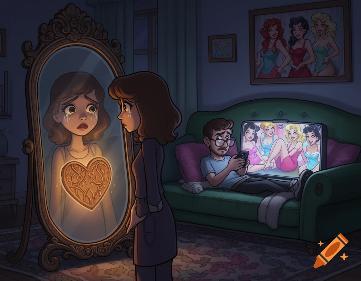 Cartoon illustration of a sad woman looking at her reflection in a mirror while her husband looks at sexy women on his phone.
