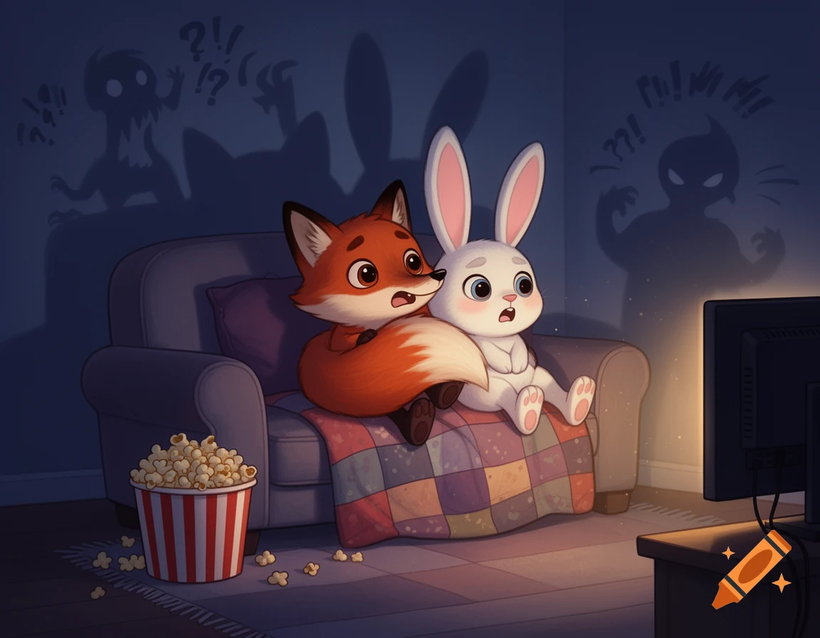 A cartoony fox and white bunny snuggle on a couch, looking scared while watching TV in a dimly lit room, with spooky shadows on the wall.