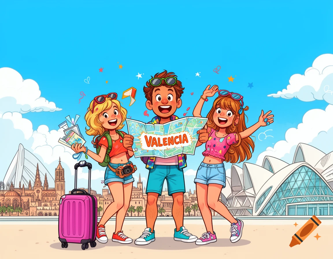 Three excited cartoon friends, two girls and one boy, hold a map labeled 'VALENCIA' with a pink suitcase, ready for a trip.