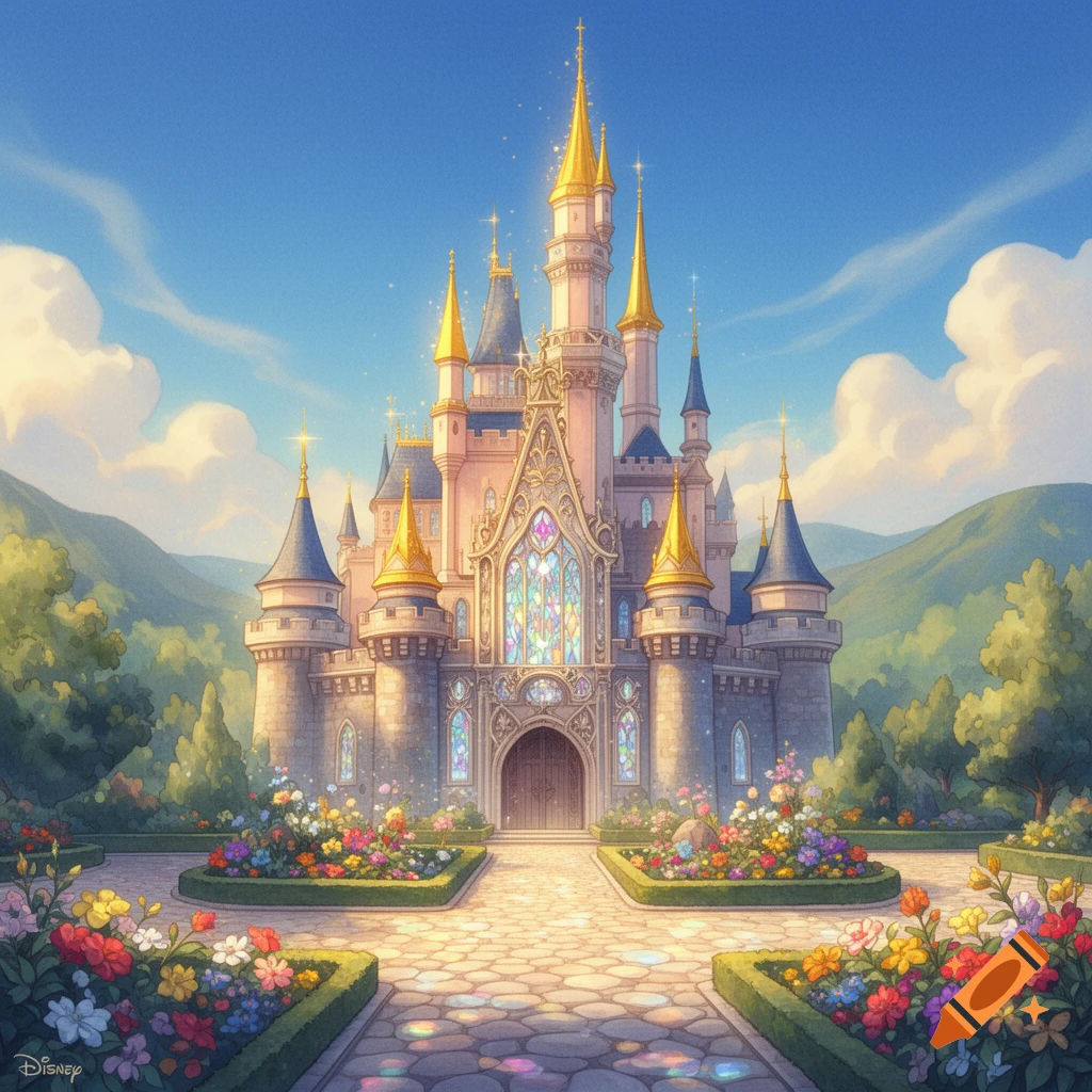 A vibrant, fairytale-style castle with gold spires, surrounded by colorful flower gardens and green mountains under a blue sky.