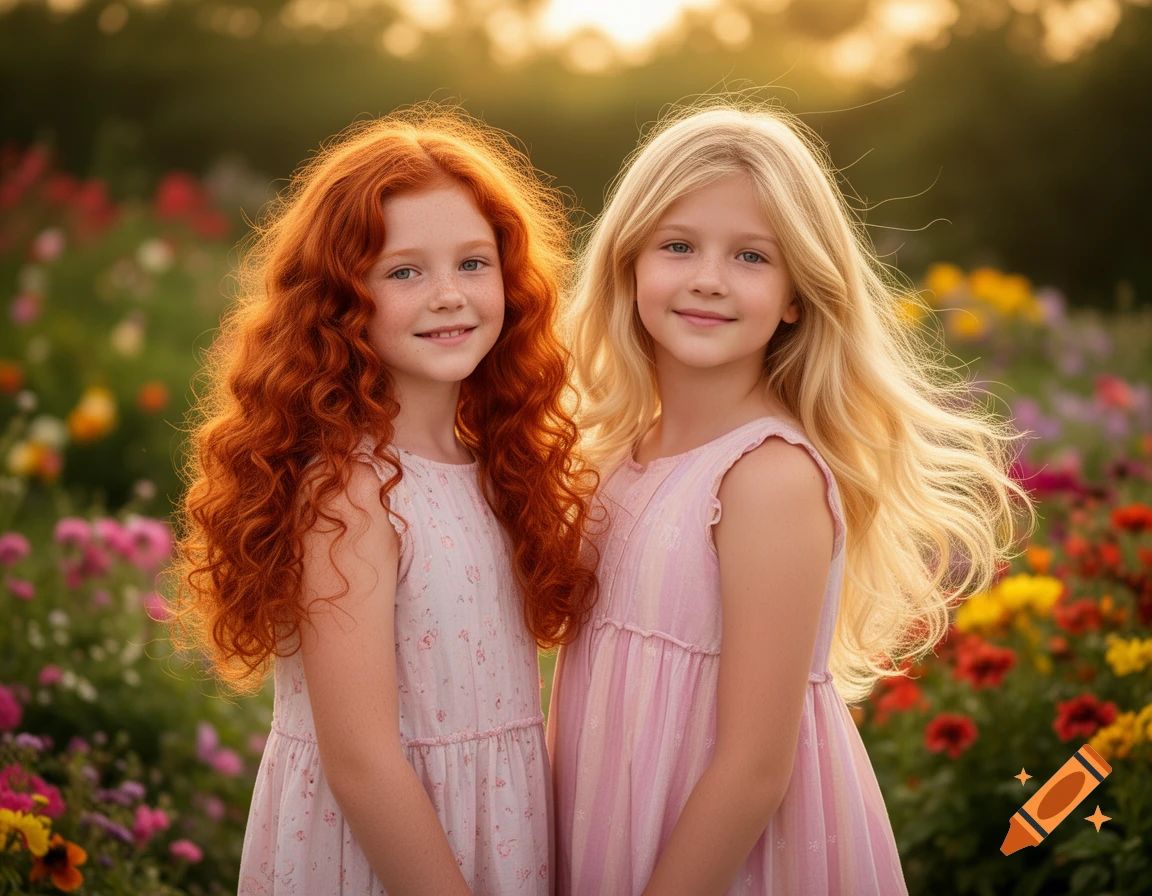 Two smiling young girls, one with long red curly hair and one with long blonde wavy hair, stand in a vibrant field of flowers under golden light.