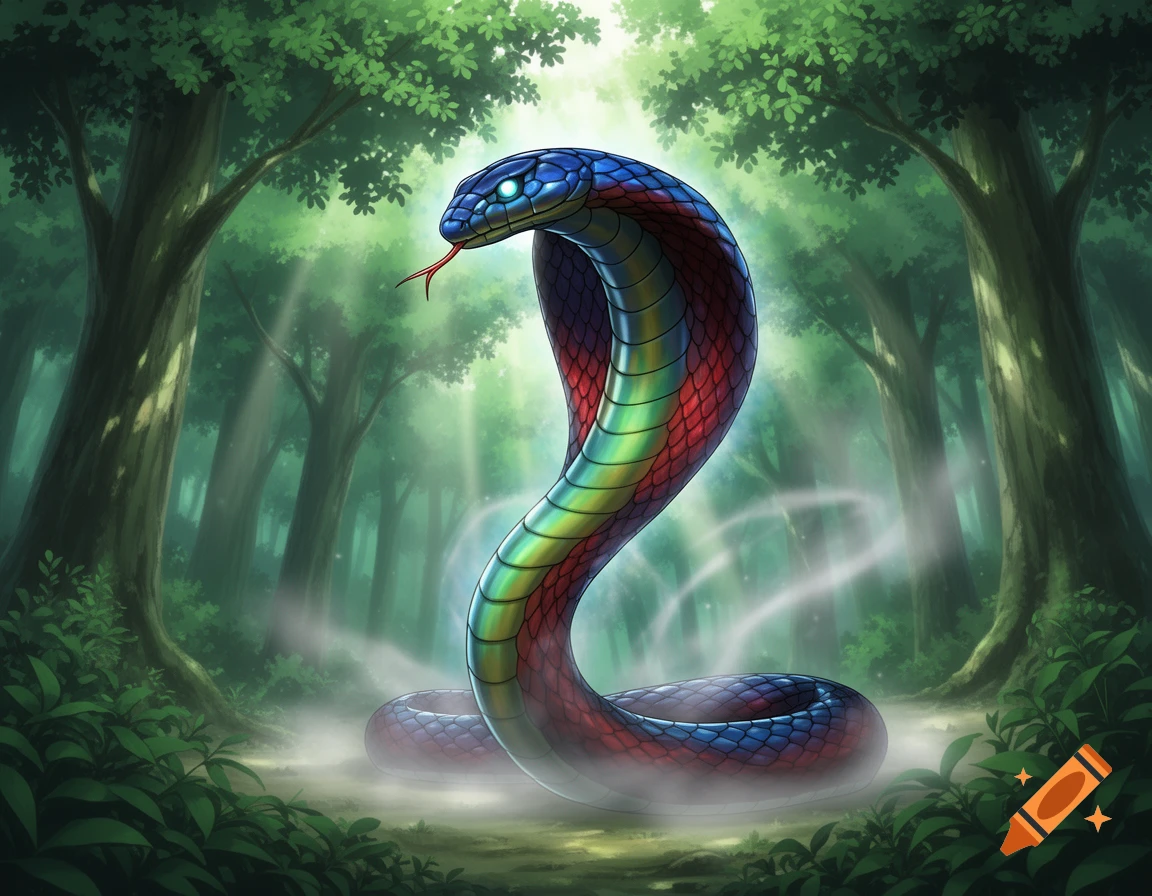 A vibrant, glowing cobra with a red, blue, and green iridescent body rises in a mystical forest, depicted in an anime art style.