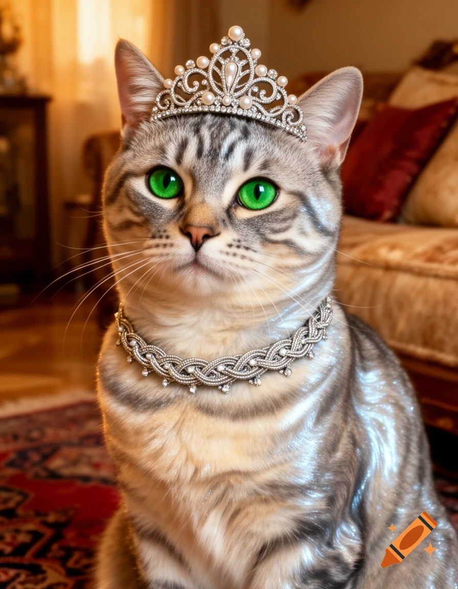 A close-up of a striped cat with emerald eyes wearing a pearl tiara and sparkling silver necklace.