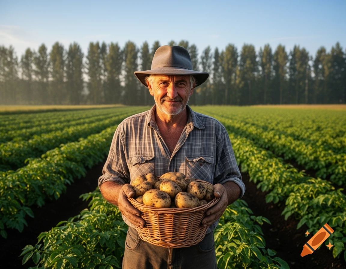 A smiling, older farmer in a hat holds a basket of freshly harvested potatoes in a green field with trees in the background.
