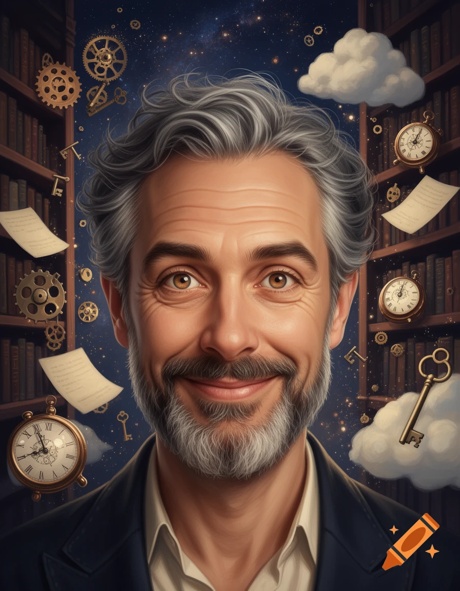 A smiling man with gray hair and a beard, in a detailed, realistic painting style, against a cosmic background with books, gears, keys, and clocks.