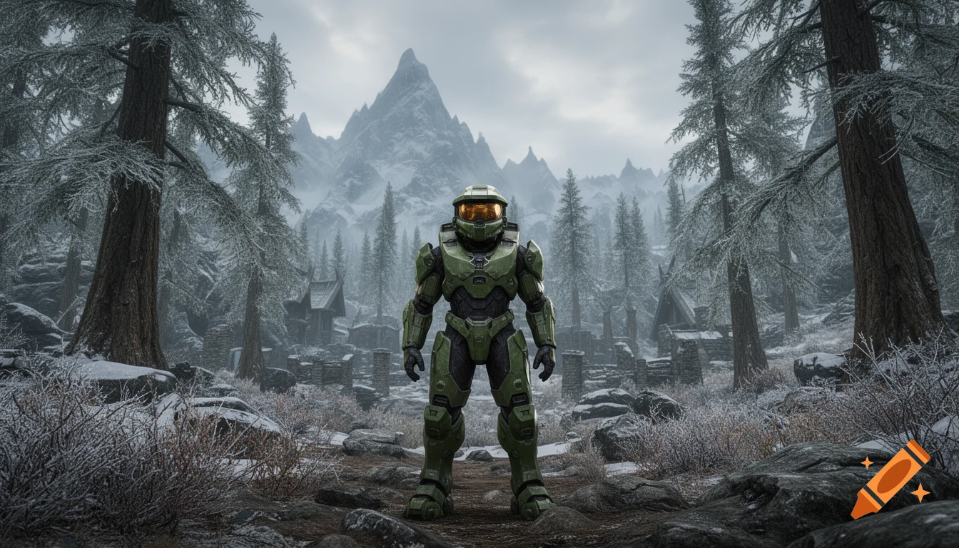 Master Chief in a snowy forest with mountains and small Nordic houses, resembling the game Skyrim.