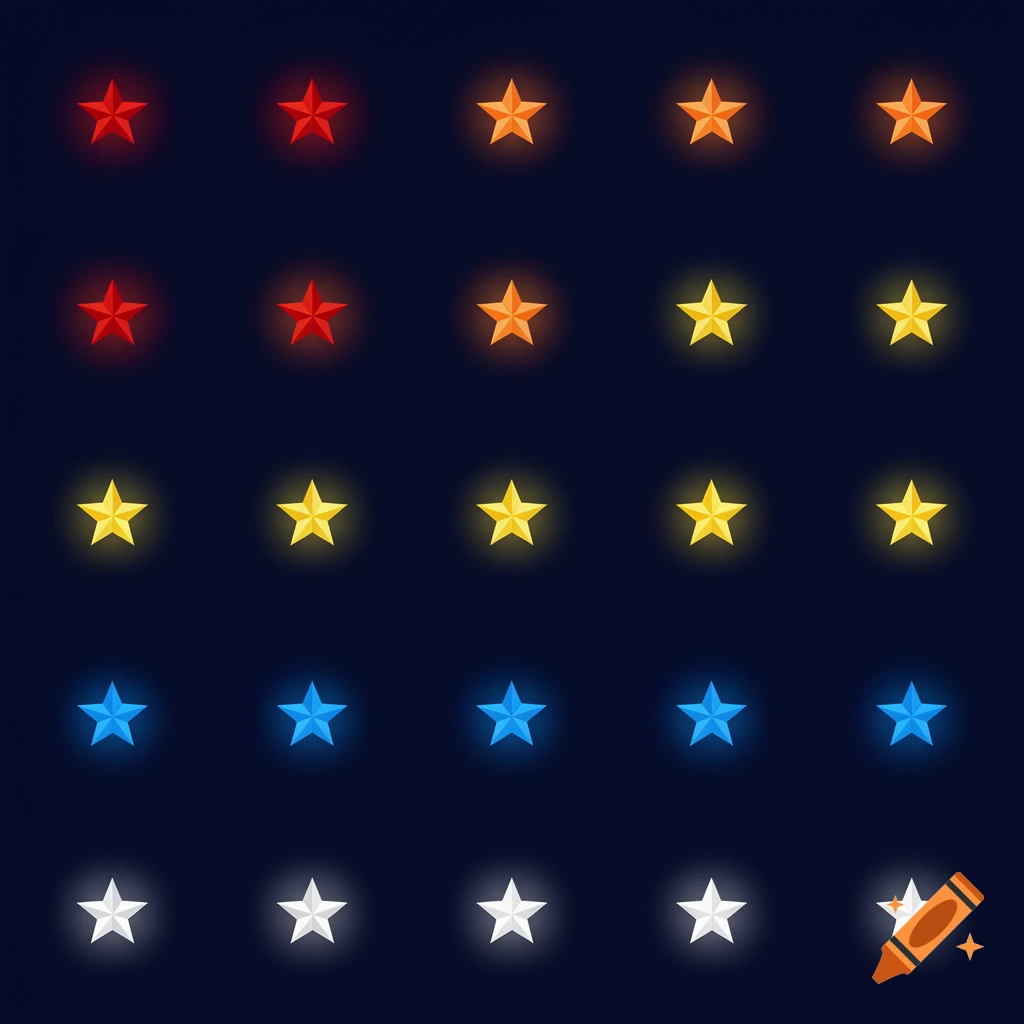 A grid of glowing stars in red, orange, yellow, blue, and white against a dark background.