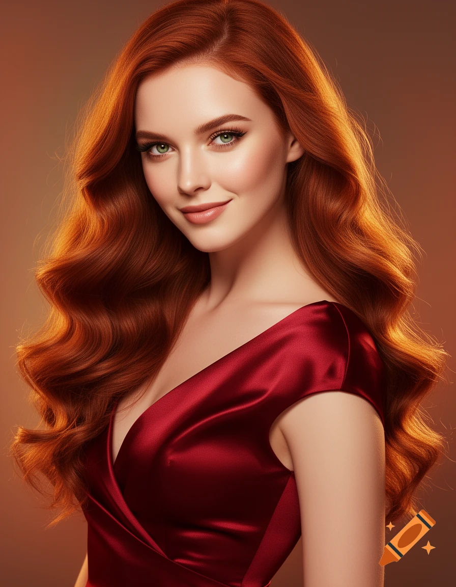 A beautiful young woman with long, wavy red hair and green eyes, smiling slightly while wearing a deep red satin dress.