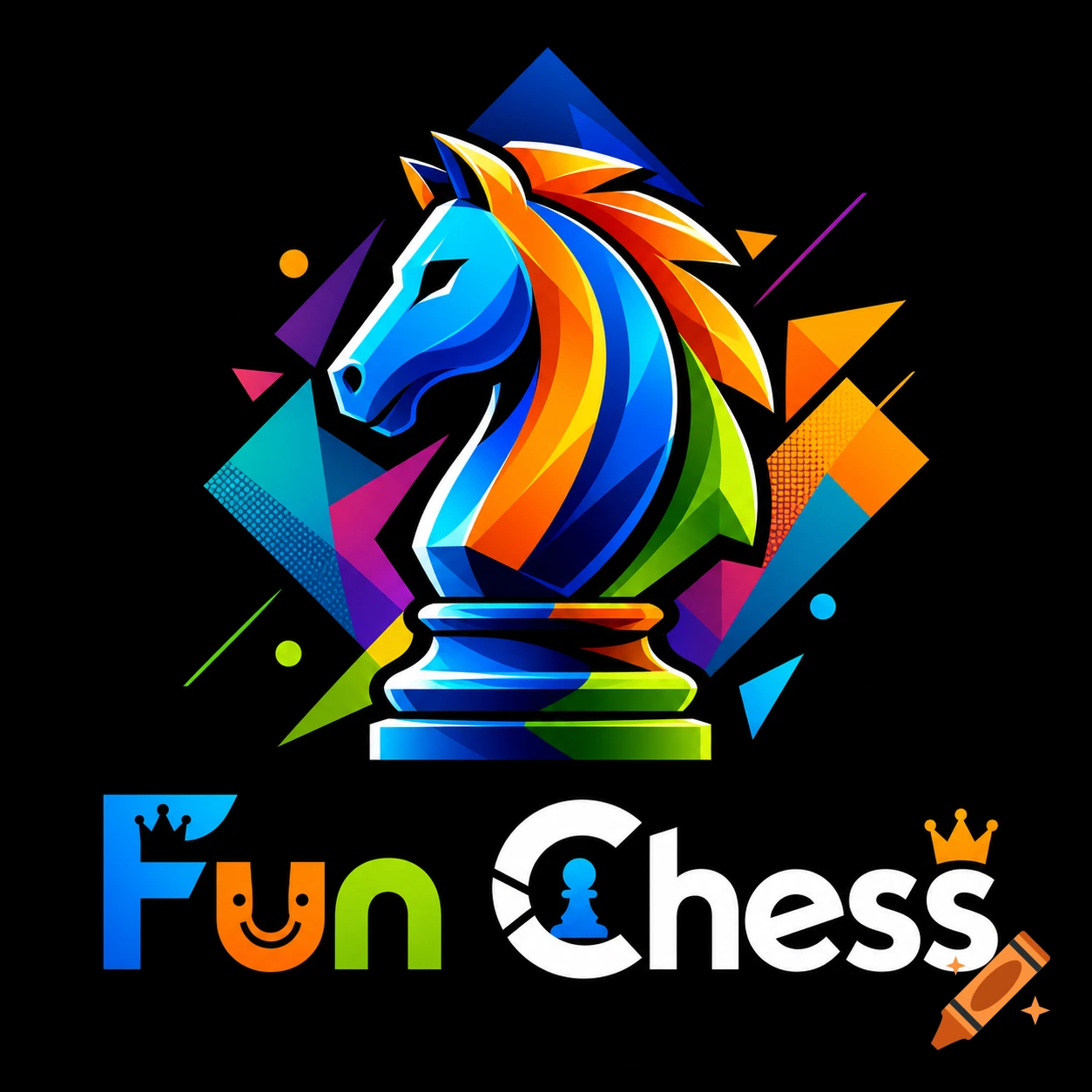 Vibrant, geometric logo featuring a colorful chess knight and the text 'Fun Chess' on a black background.