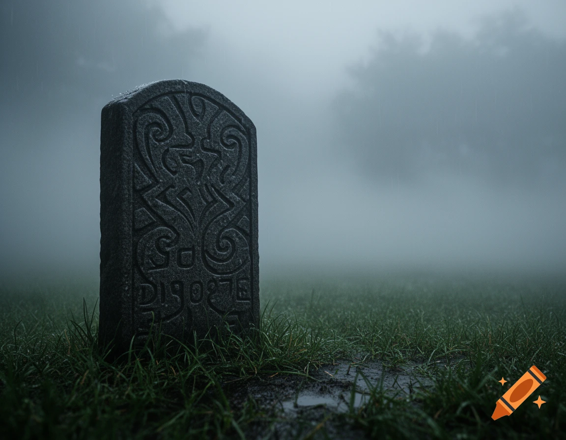 A dark, ornate gravestone stands in wet green grass, enveloped by thick, gloomy fog.