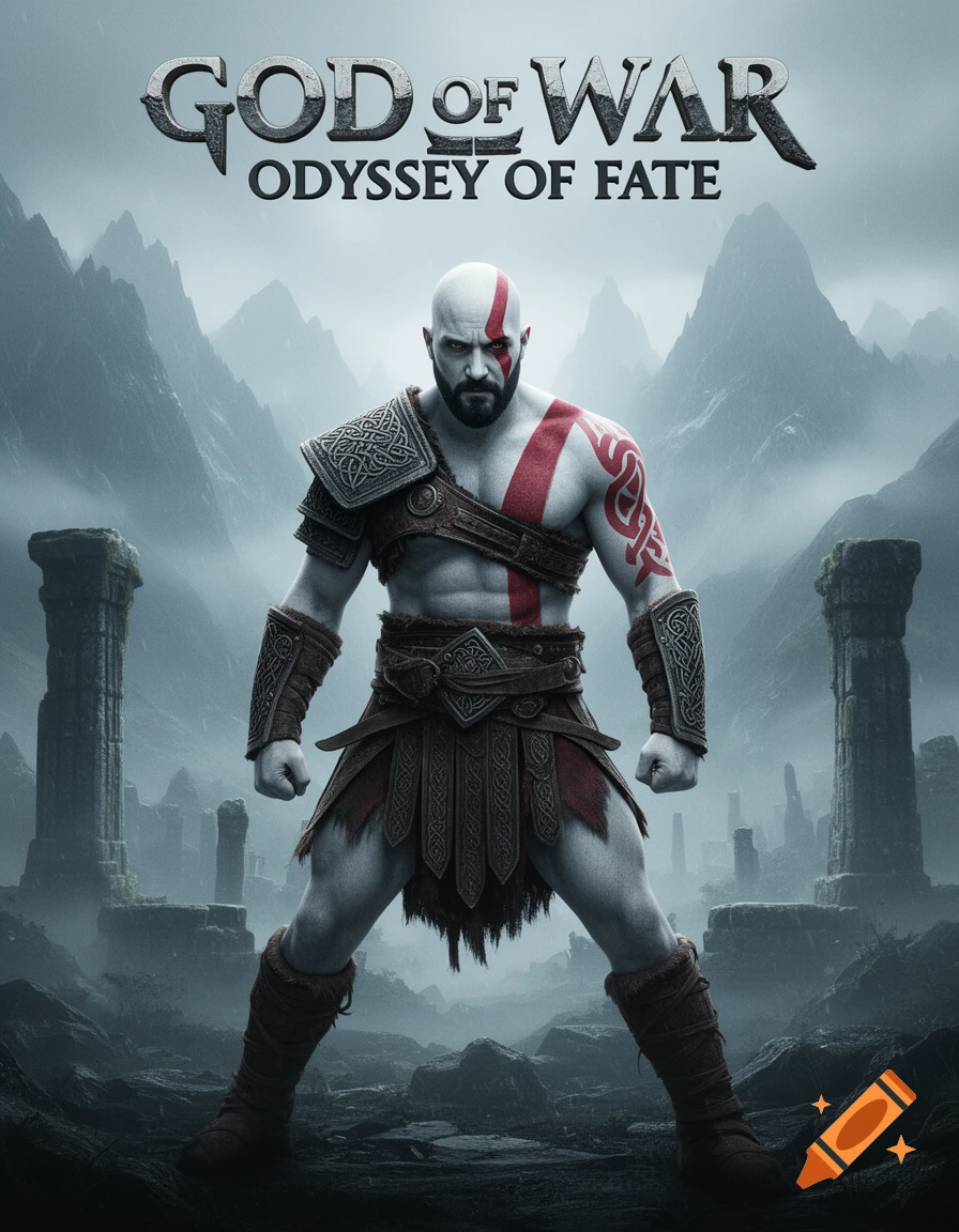 Kratos from God of War stands bare-chested with red markings and armor in a ruined mountainous landscape, titled 'GOD OF WAR ODYSSEY OF FATE'.