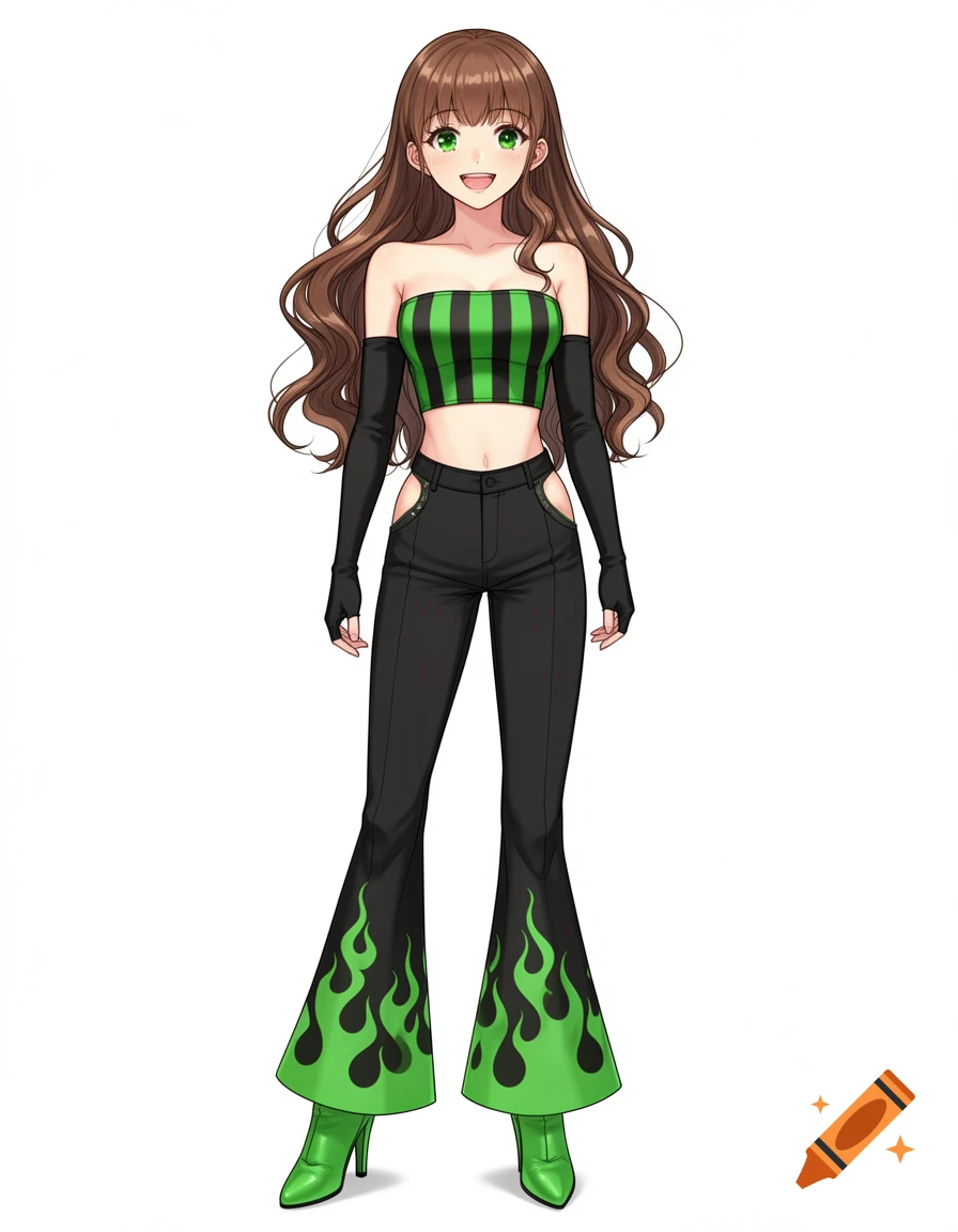 Smiling anime girl with long brown hair, green and black striped crop top, black pants with green flames, and green boots.
