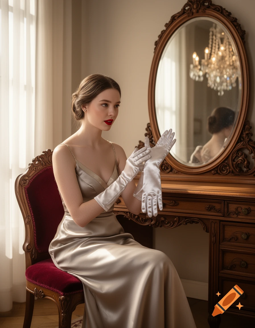 Young woman in a champagne satin dress putting on white opera gloves at a wooden dressing table with an ornate mirror. Photorealistic.