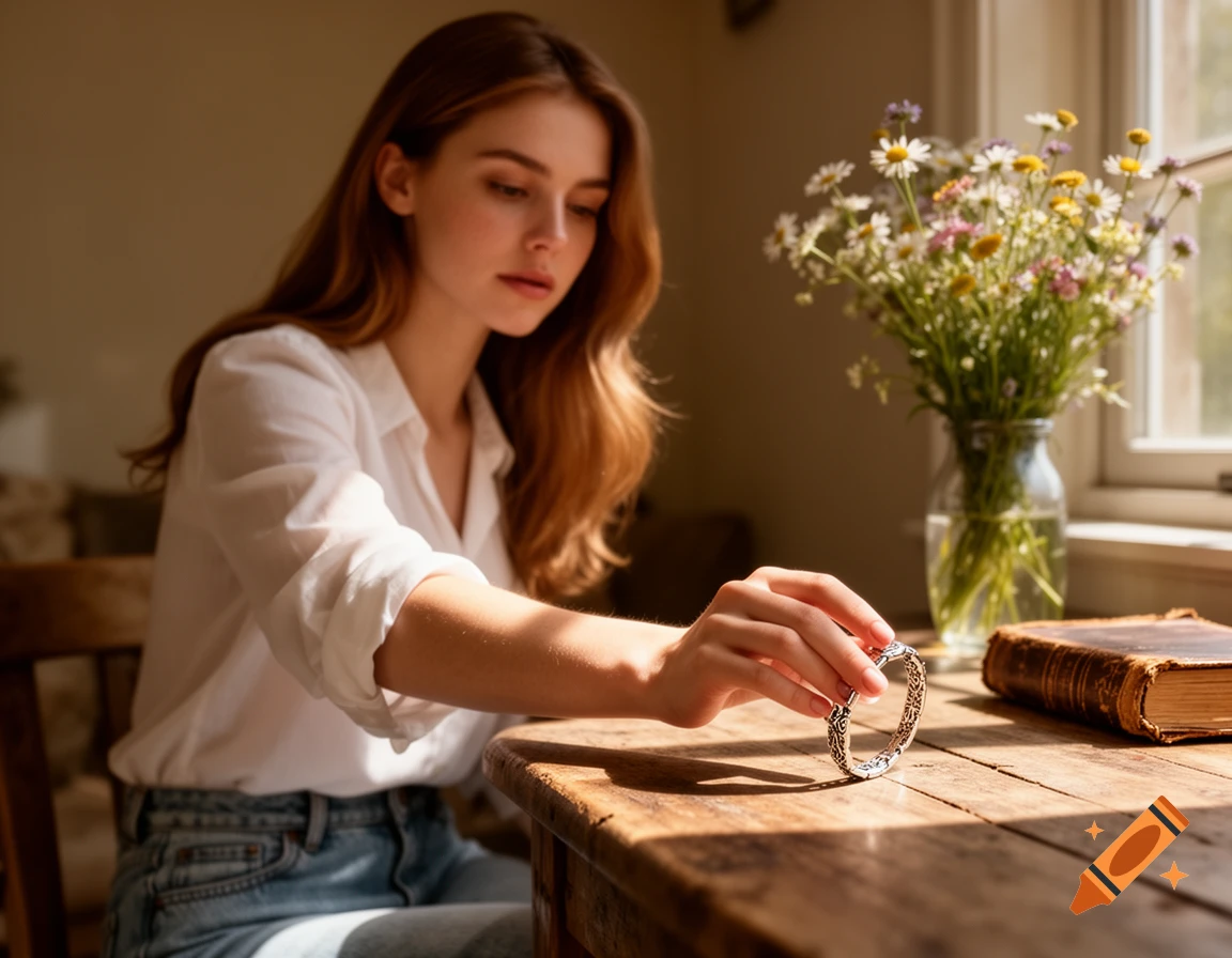 A young woman in a white shirt and jeans sits at a rustic wooden table, looking down at a silver bracelet she holds in her hand, with natural light streaming in from a window.