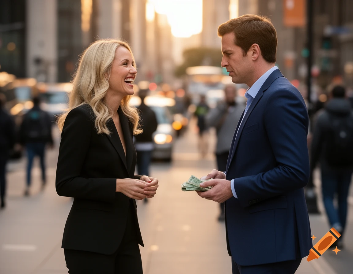 A smiling blonde woman in a black suit looks at a man in a blue suit holding money on a city street at sunset.