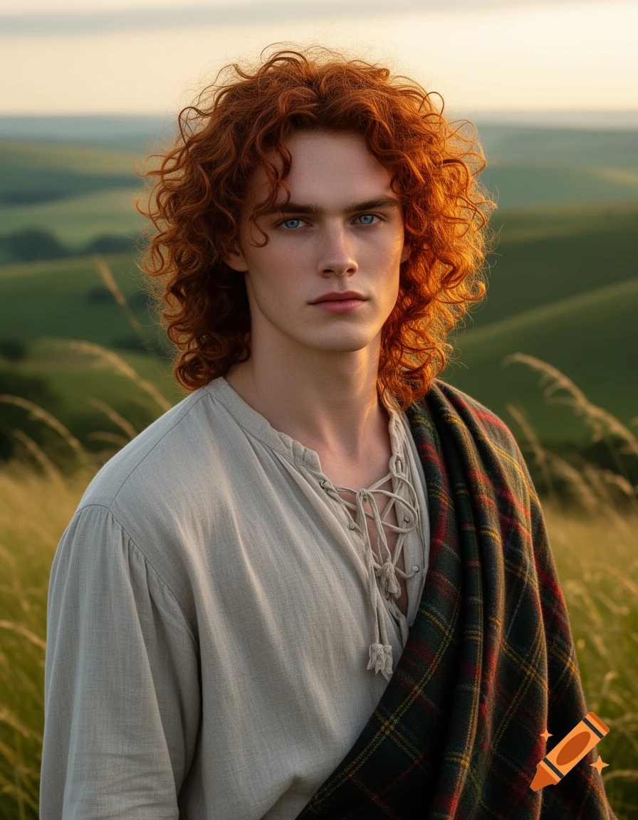A young man with fiery red curly hair and piercing blue eyes, wearing a loose linen shirt and a tartan plaid, stands in a golden grassy field at sunset.