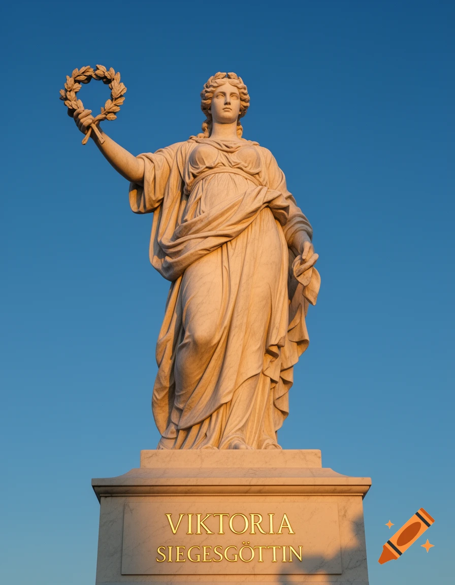 A photorealistic image of a majestic marble statue of Viktoria Siegesgöttin, holding a laurel wreath, against a clear blue sky.