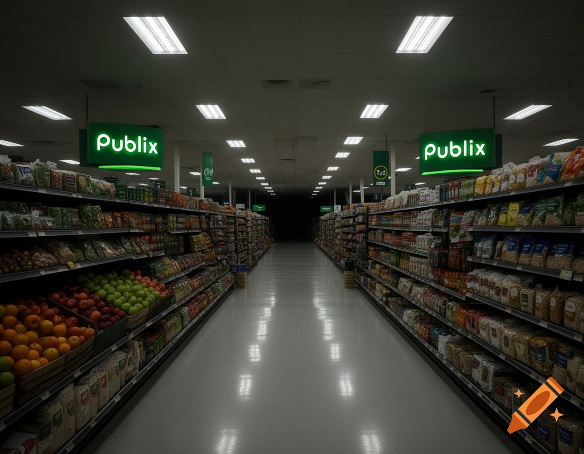 A long, dark aisle of a grocery store named Publix, lit by overhead fluorescent lights and green neon signs. Shelves are stocked with various products, creating an eerie, empty atmosphere reminiscent of the Backrooms.