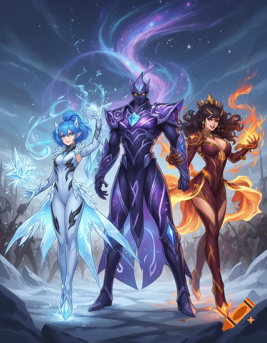 Three fantasy champions, an ice woman, an armored man, and a fire woman, stand in a snowy landscape under a cosmic sky in anime style.