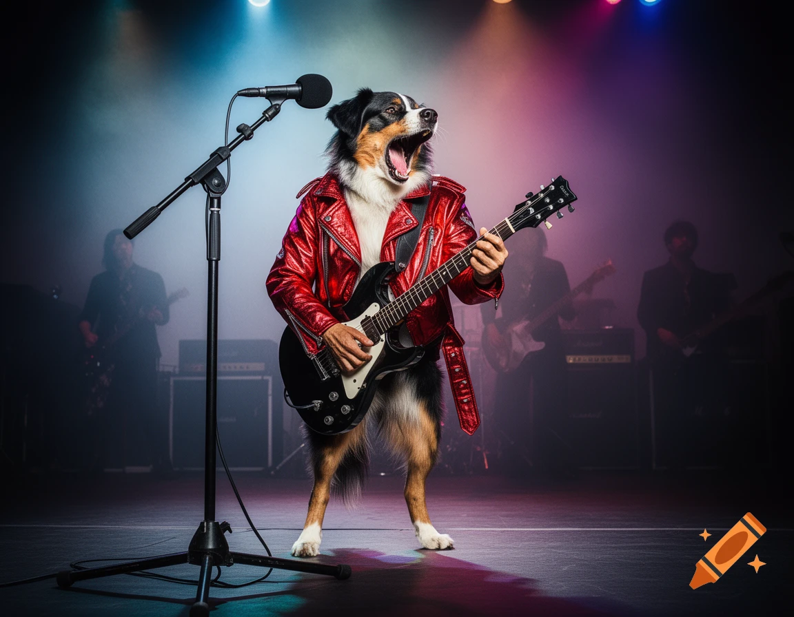 An Australian Shepherd dog in a red leather jacket plays electric guitar and sings into a mic on a smoky stage with a band, under colorful lights.