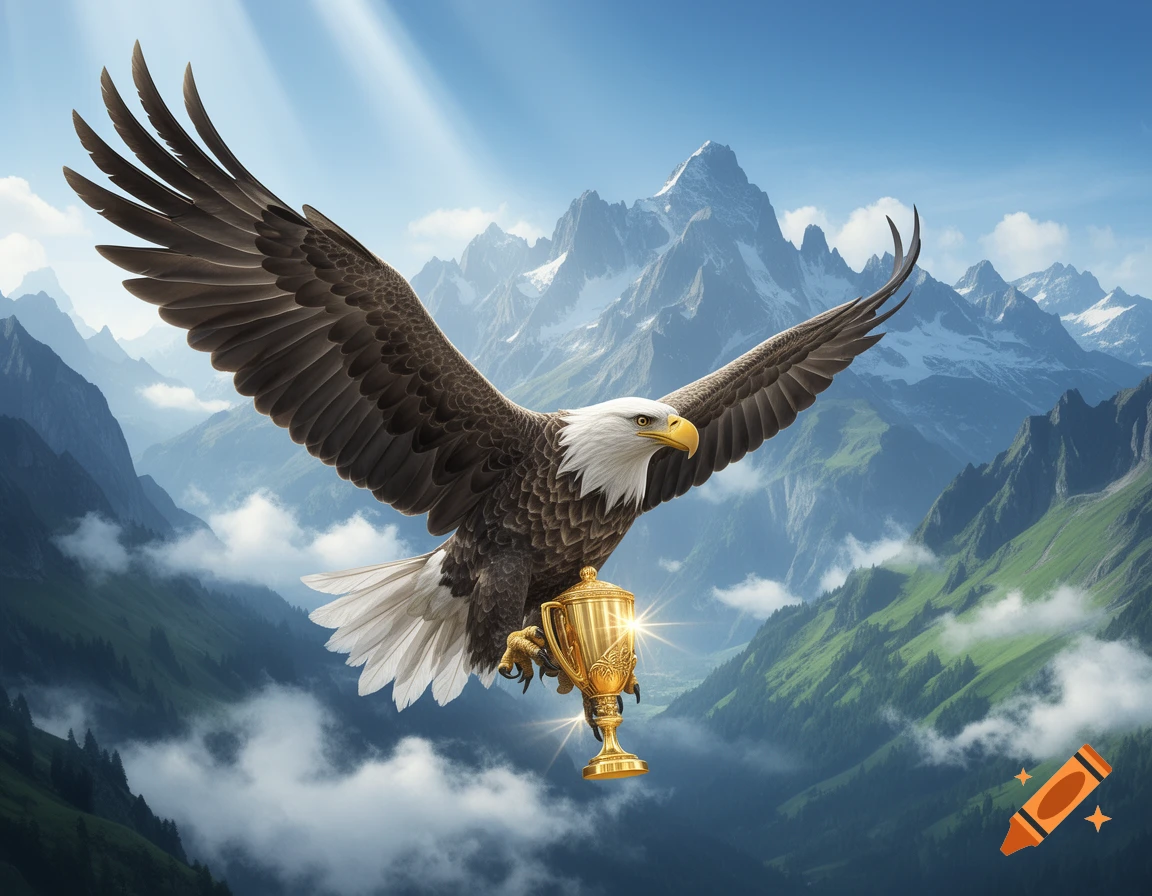 A majestic bald eagle flies through a mountain range under a sunny sky, carrying a golden trophy.