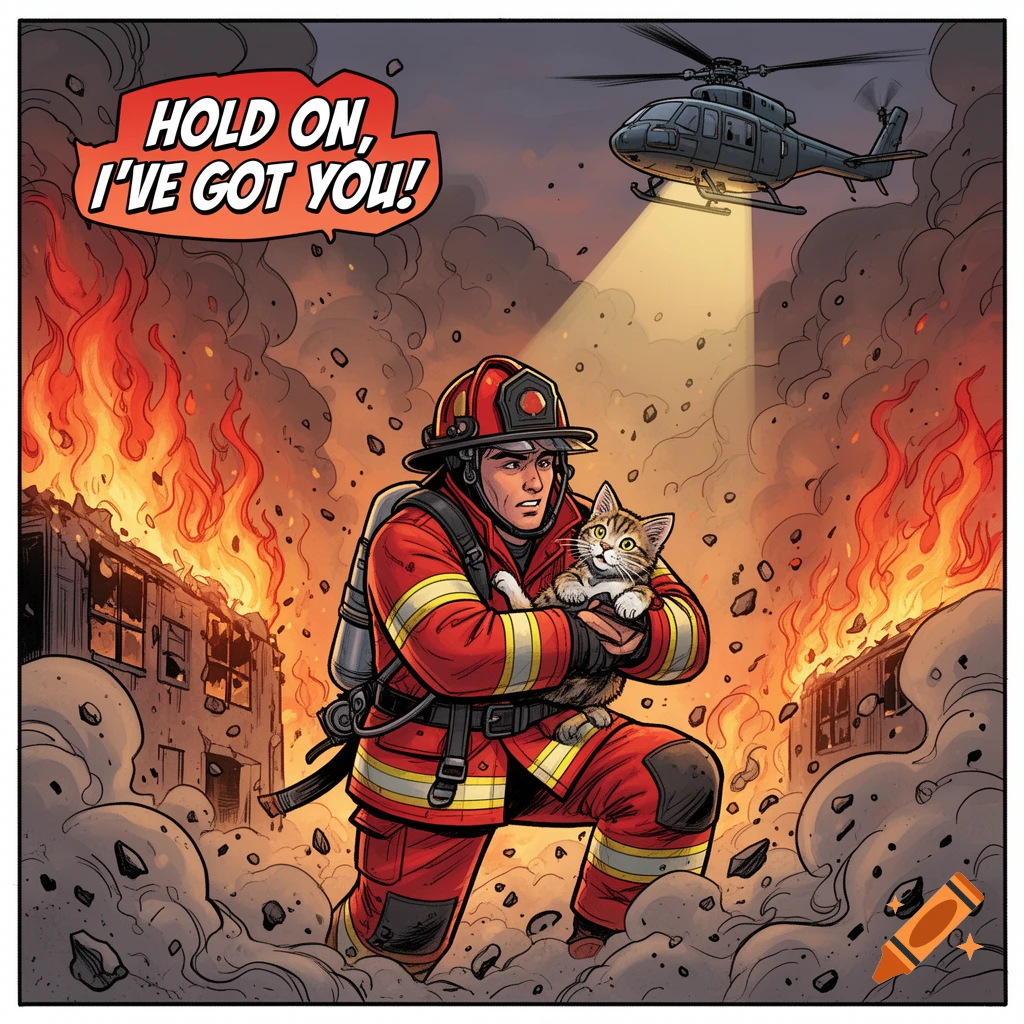 Comic-style illustration of a firefighter rescuing a cat from a burning building, with a helicopter overhead.