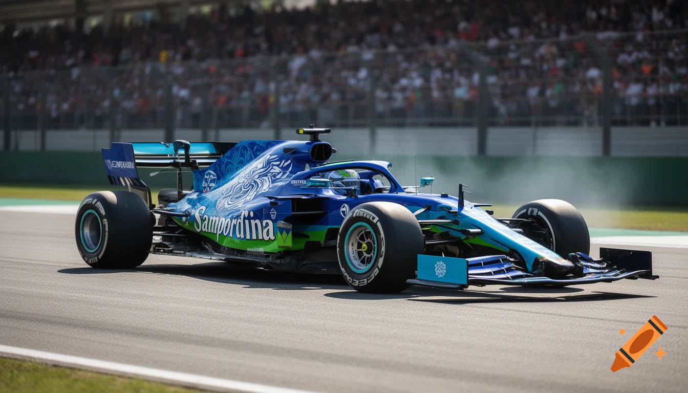 A blue and green Formula 1 racing car with 'Sampordinia' livery on a track, with a blurred crowd in the background, in a photorealistic style.