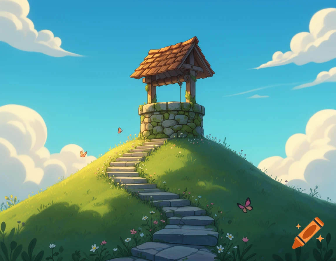 A whimsical cartoon well with a tiled roof atop a grassy hill with a winding stone path, under a bright blue sky.