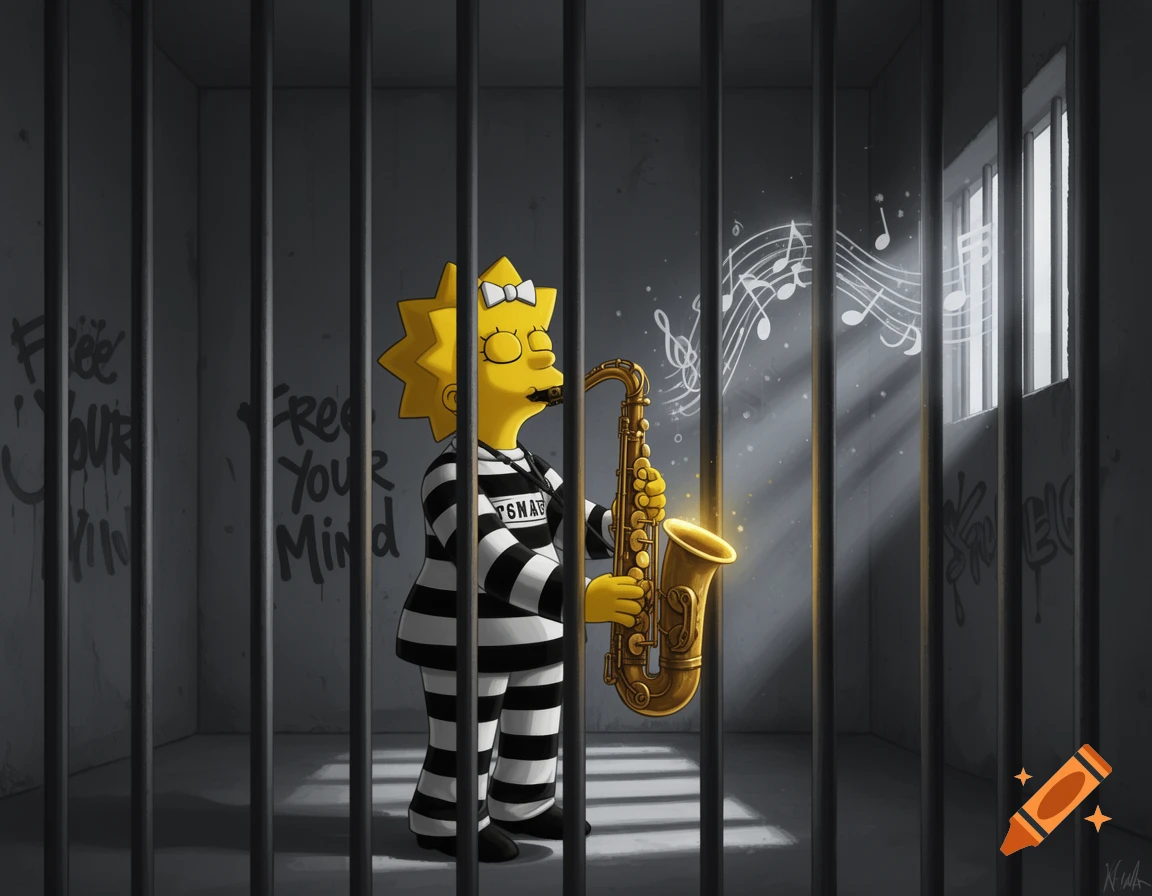 Lisa Simpson in a striped prison uniform plays a glowing saxophone in a dimly lit cell with "Free Your Mind" graffitied on the wall.