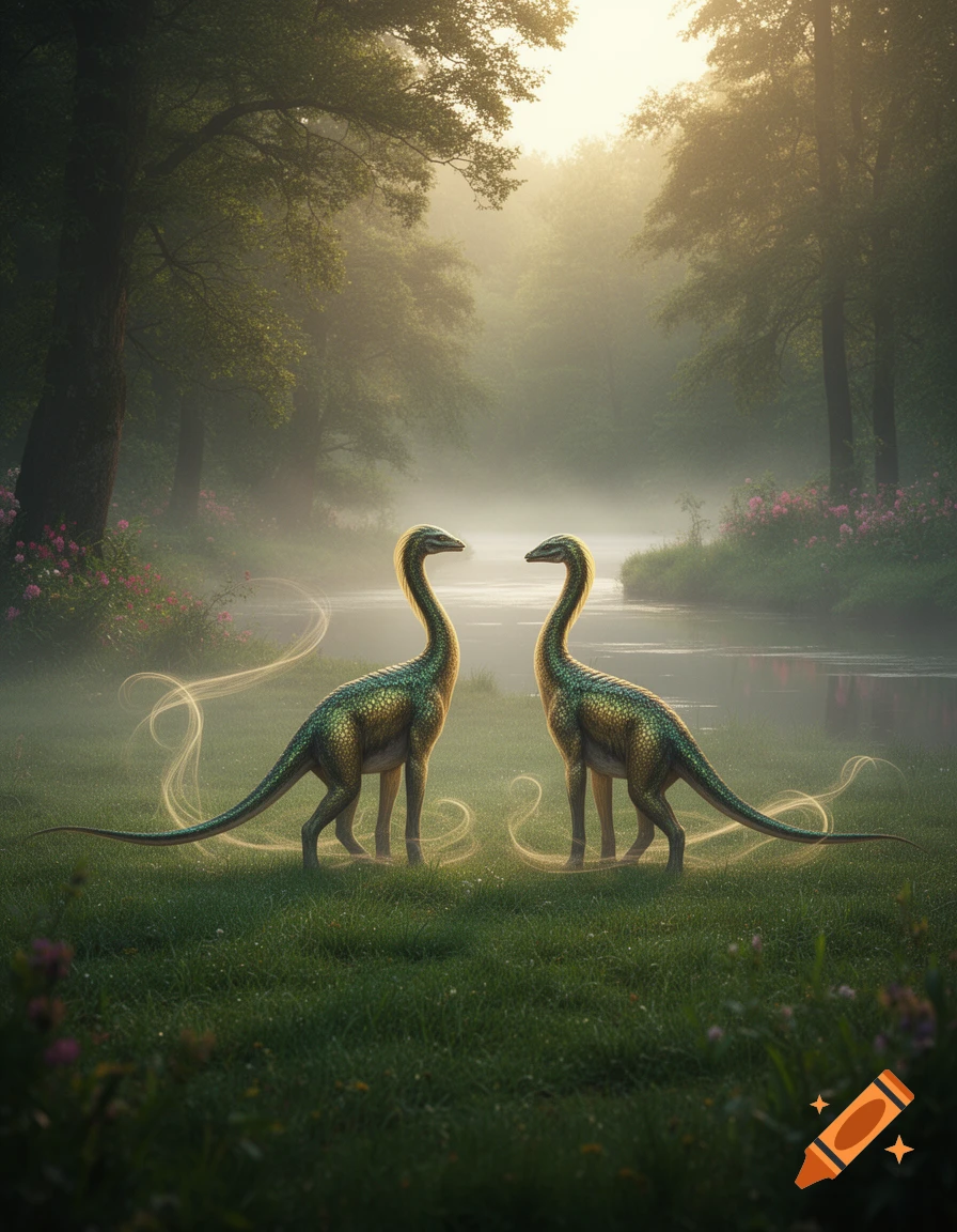 Two glowing, mythical dinosaurs with long necks stand facing each other in a misty, sun-dappled forest by a river.