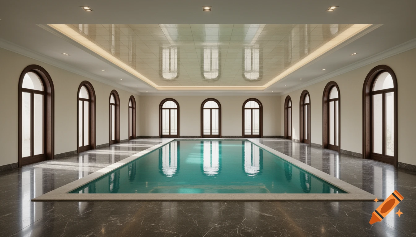 An empty, grand indoor swimming pool room with arched windows lining the walls, a reflective ceiling, and polished marble floors.