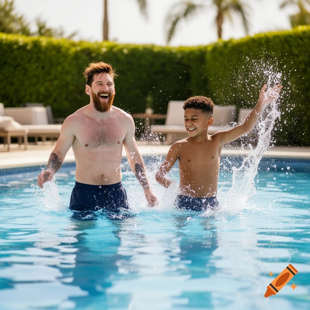 A man resembling Lionel Messi and a young boy splash and laugh joyfully in a swimming pool on a sunny day.