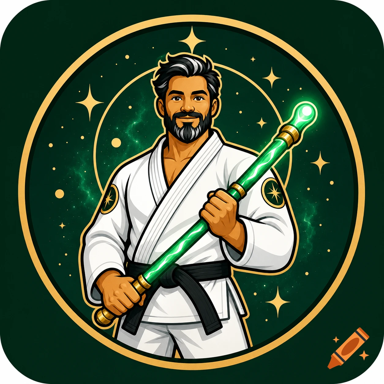 Friendly bearded man in a white jiu-jitsu gi and black belt, holding a glowing green staff, set against a cosmic green circle background.