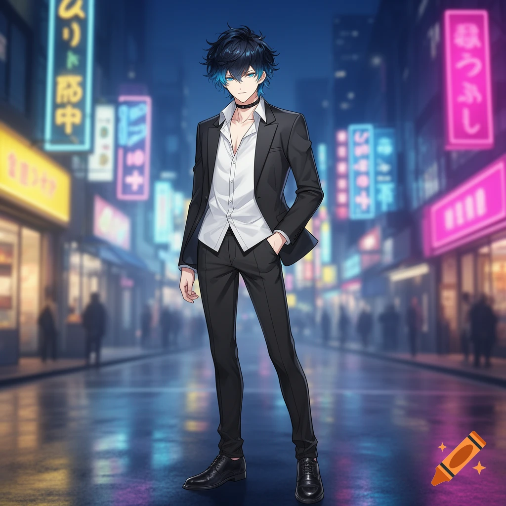Anime boy with dark blue hair and bright blue eyes in a suit, standing on a rainy city street at night with neon lights.