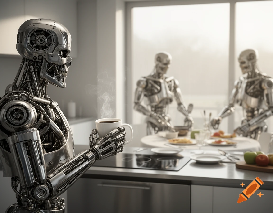 Photorealistic Terminator-like robot holding a steaming coffee cup in a modern kitchen, with other blurred robots preparing breakfast.