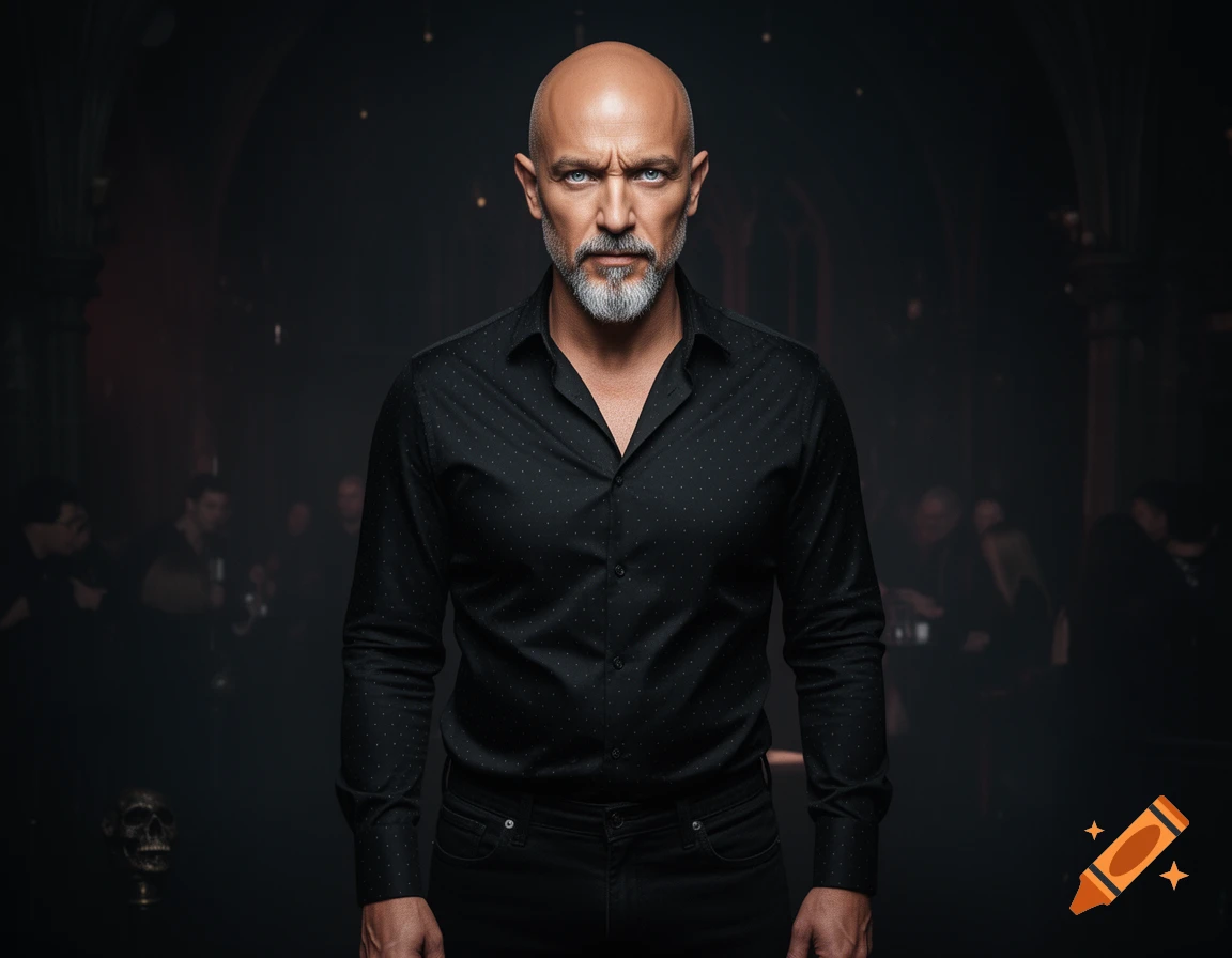 A bald man with a gray goatee wears a black polka dot shirt and jeans in a dim, moody gothic club setting.