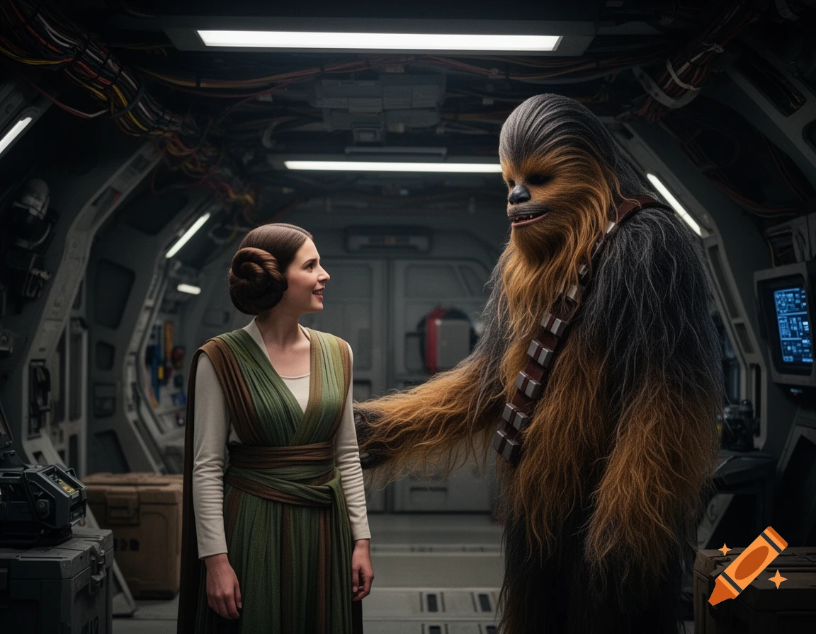 Princess Leia in a green dress and Chewbacca stand facing each other inside a spaceship's cargo hold.
