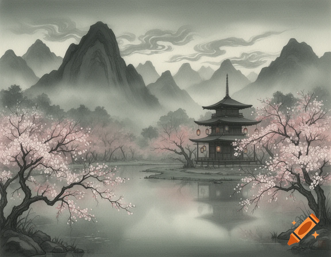 Traditional Japanese landscape painting with a pagoda by a lake, surrounded by cherry blossom trees and misty mountains.