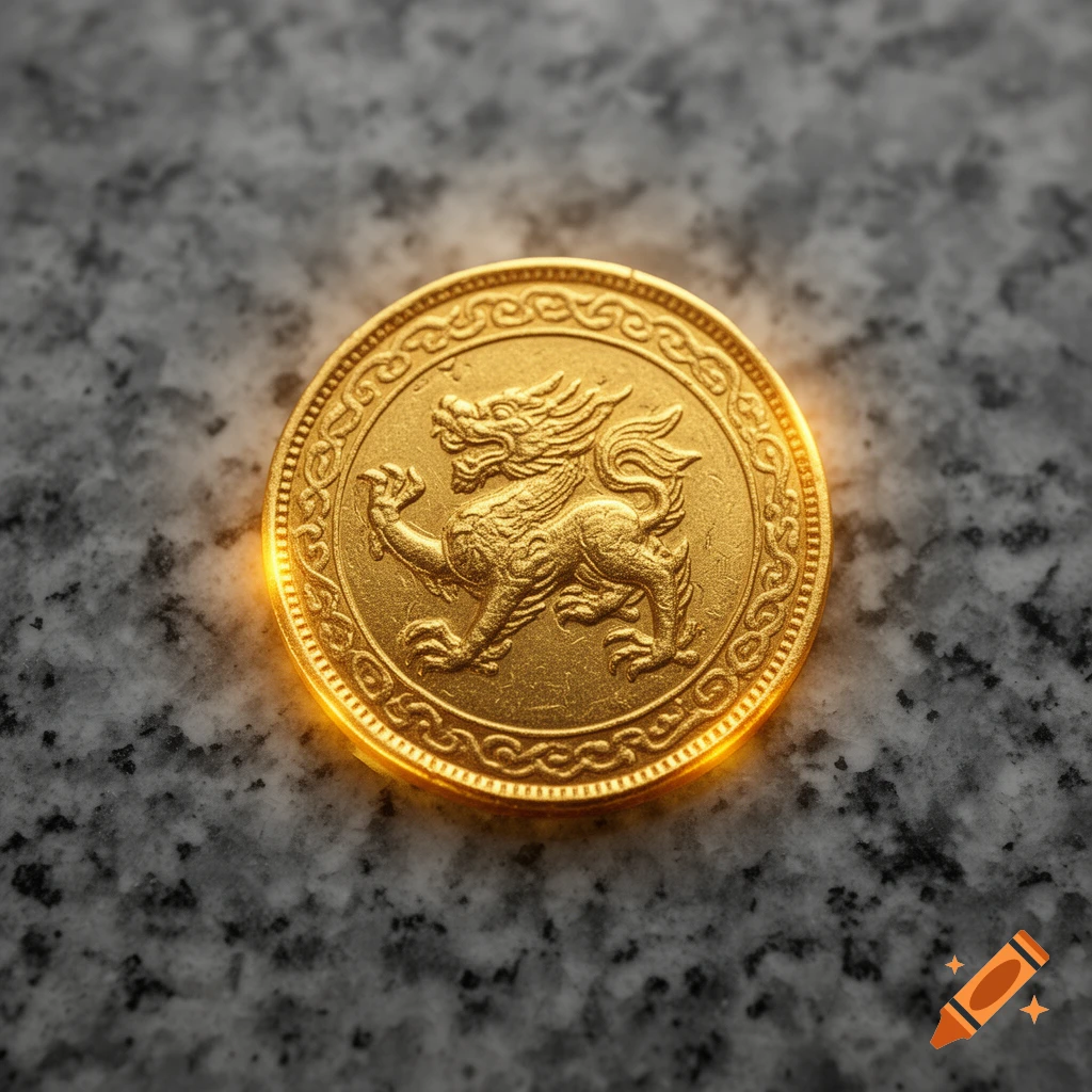 A detailed gold coin featuring a mythical dragon-like creature, resting on a dark gray speckled surface.